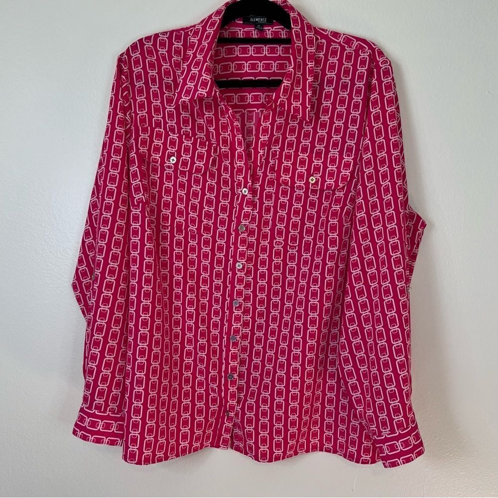 Elementz Blouse Size 2X Pink White Geometric Button Down Long Sleeves Roll-tab